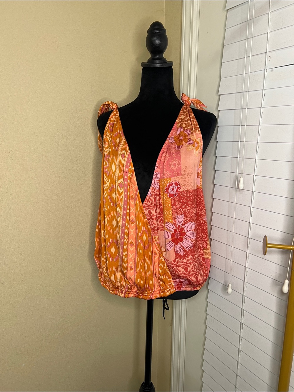 Free People Orange & Pink Patchwork Tie-Shoulder Halter Camisole